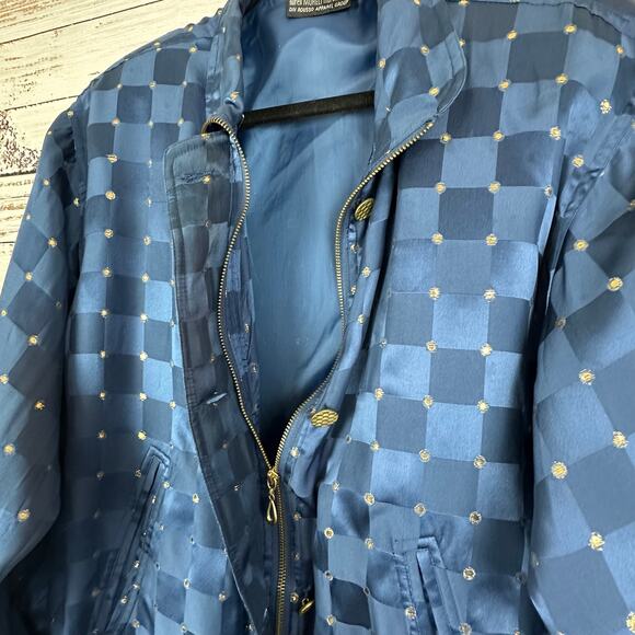 Women's VTG 90s Mureli 100% Silk Navy Blue & Gold Bomber Zip Up Track Jacket MP - Picture 4 of 9
